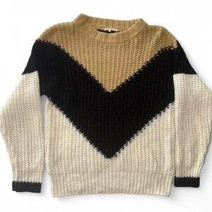 Chunky Colorblock Chevron Knit Sweater | Beige Black Cream | Cozy Oversized M